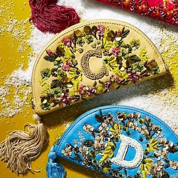 Anthropologie Handbags - Anthropologie Beaded Leather Pouch Clutch Monogramed Letter C